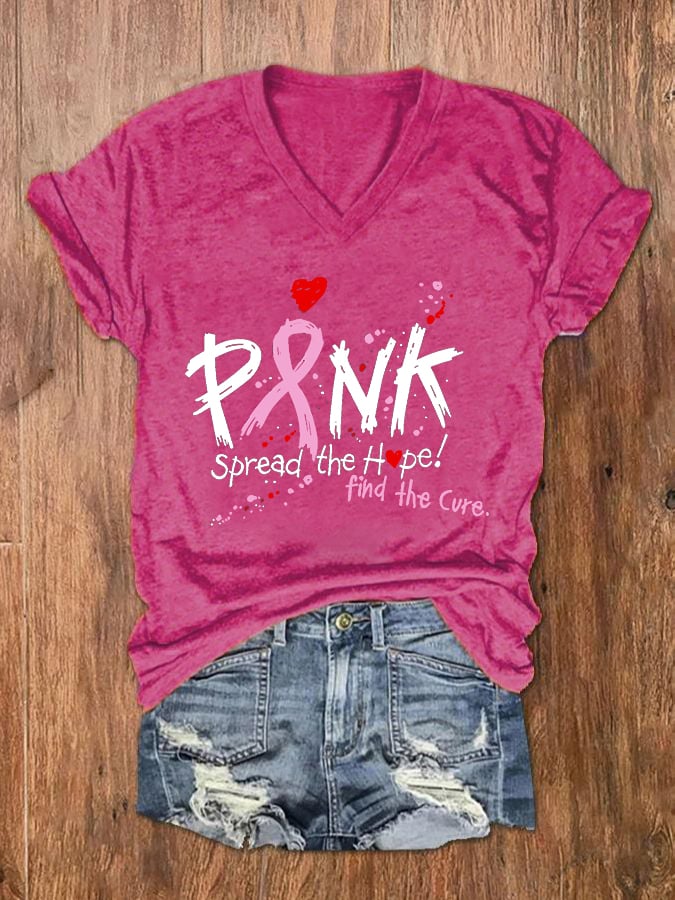 Women's Pink Spread The Hope Find The Cure Print V-Neck T-Shirt