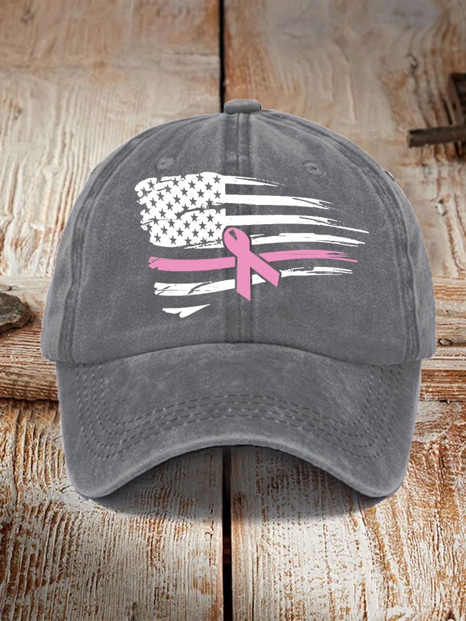 Women's Pink Ribbon American Flag Breast Cancer Awareness Warrior Hat
