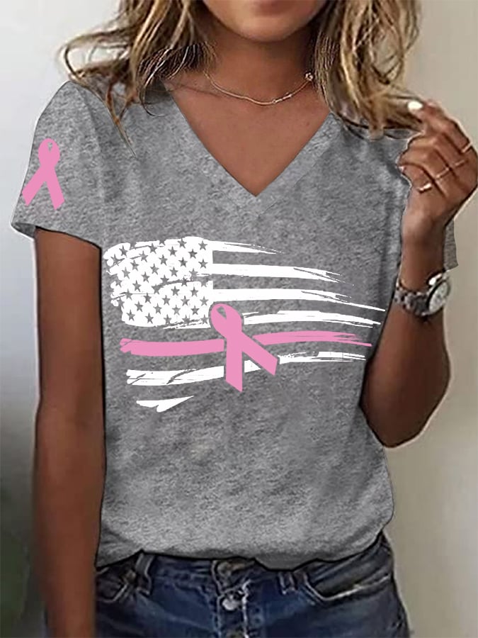 Women's Pink Ribbon Breast Cancer Awareness American Flag V-Neck Tee
