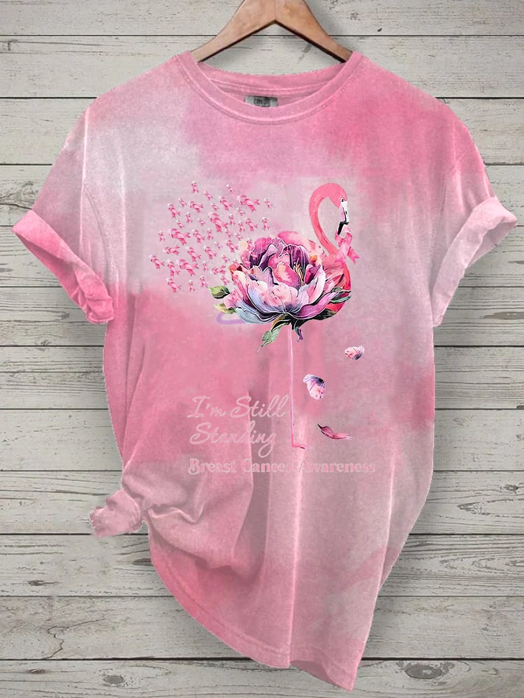 Women's Flamingo I'm Still Standing Floral Breast Cancer Awareness Print T-Shirt