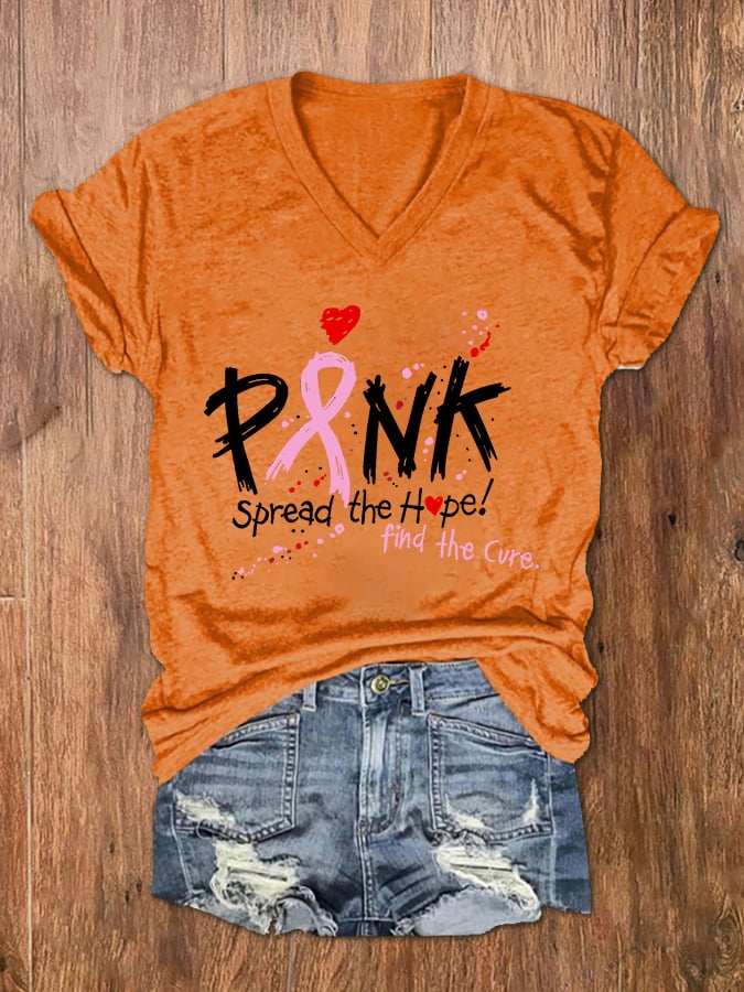 Women's Pink Spread The Hope Find The Cure Print V-Neck T-Shirt
