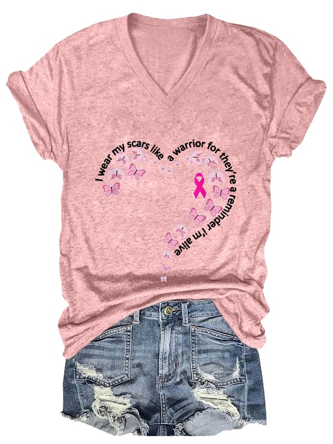 Women'S I Wear My Scars Heart Breast Cancer Awareness Printed Casual T-Shirt