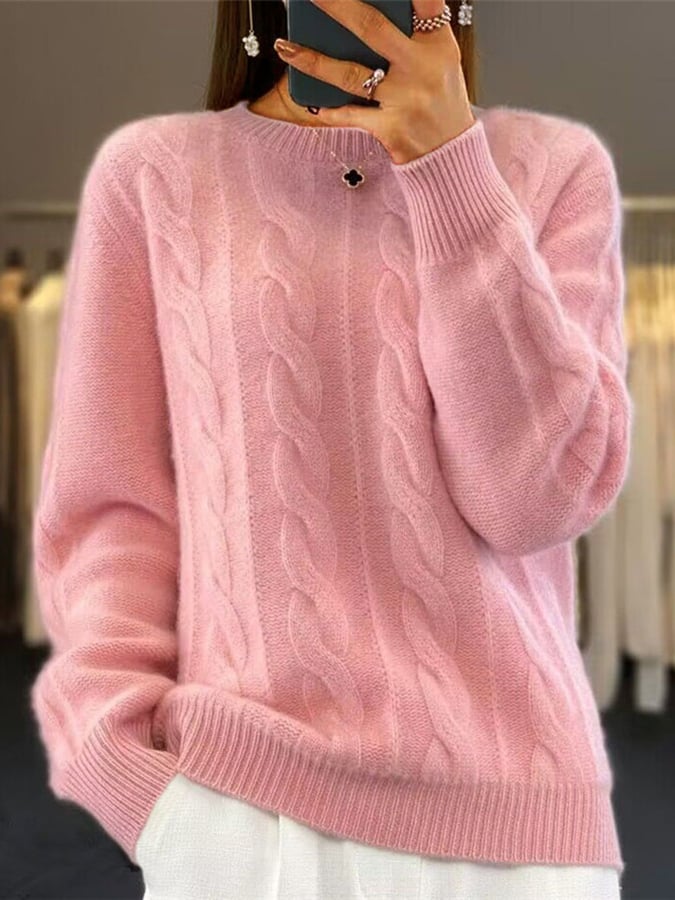 Women's Round Neck Solid Color Retro Twist Pullover Sweater