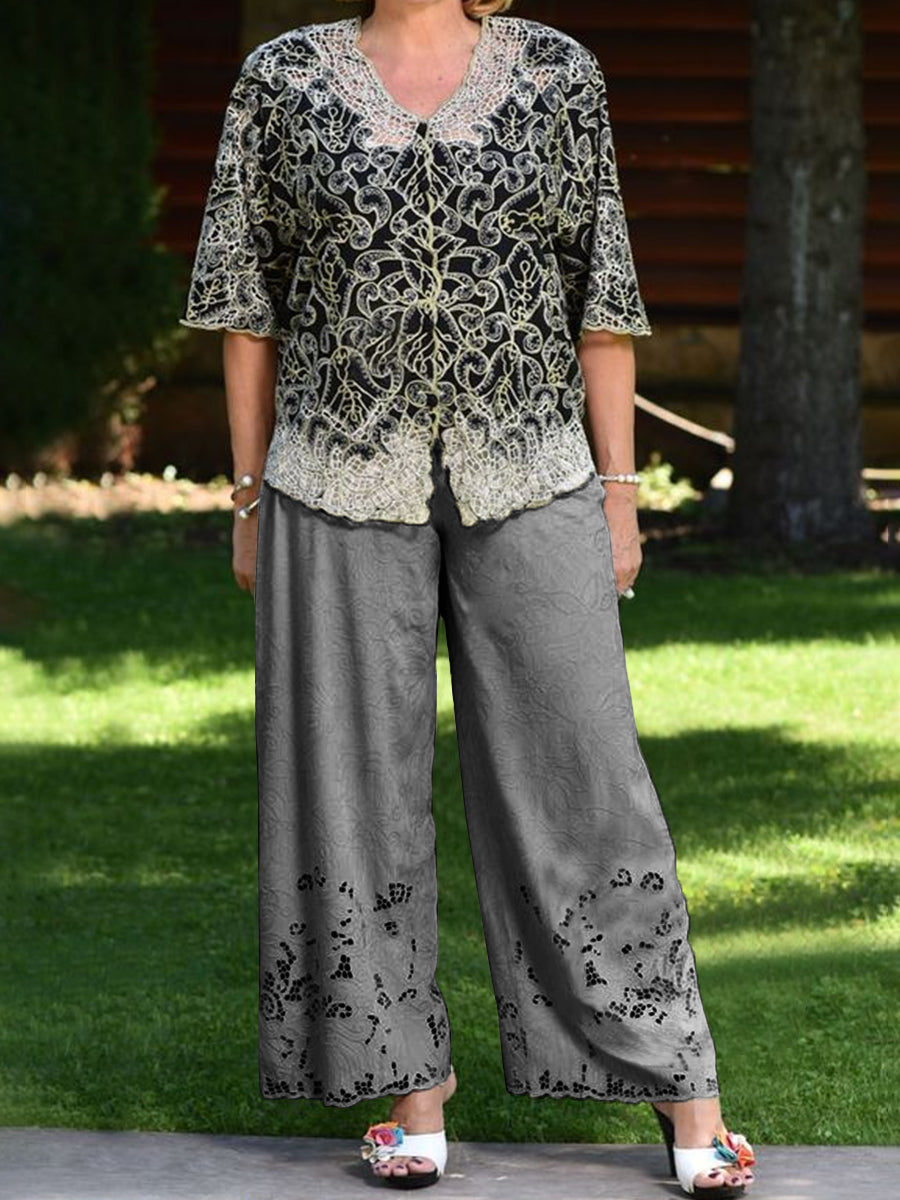 Vintage V Neck Printed Top And Pants Two-Piece Set