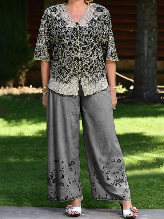 Vintage V Neck Printed Top And Pants Two-Piece Set