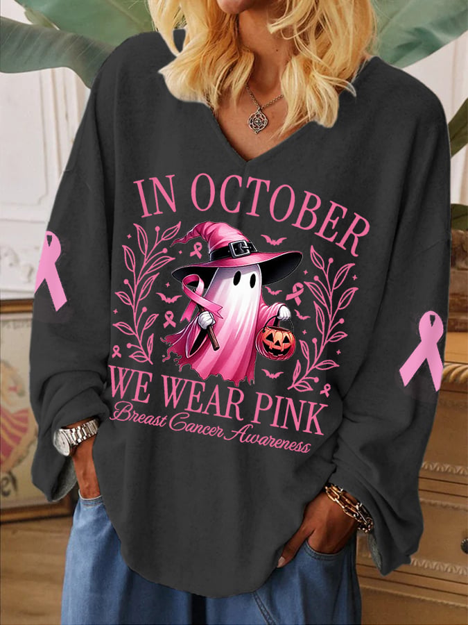 Women's In October We Wear Pink Halloween Ghost Breast Cancer Awareness Warrior V-Neck Top