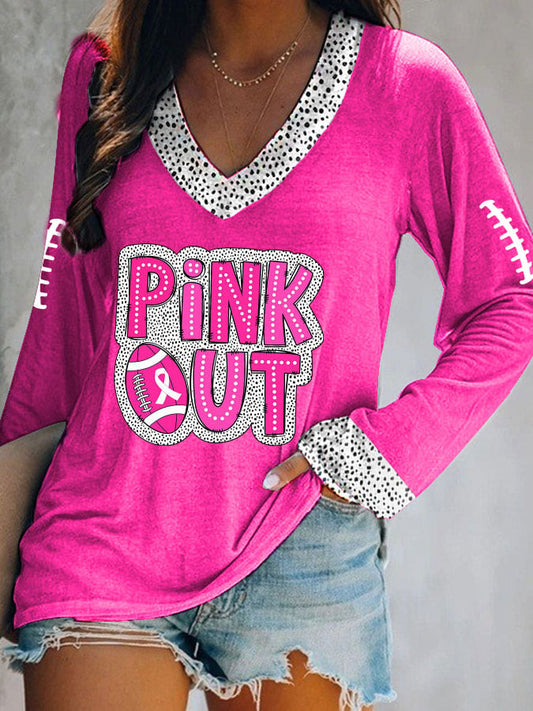 Women's Pink Out Football Breast Cancer Printed V-Neck Long Sleeve Top