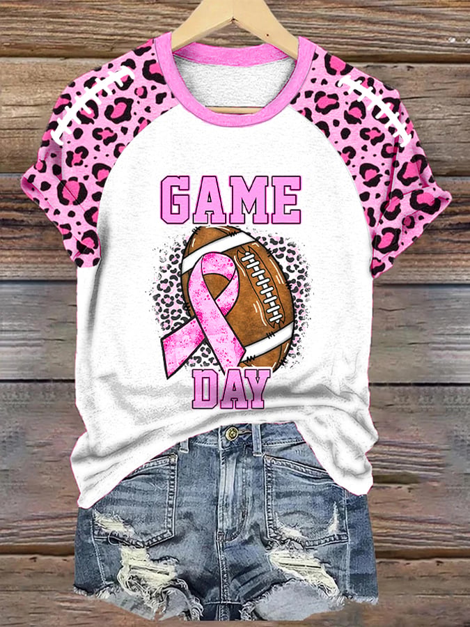 Women's Breast Cancer Awareness Game Day Leopard Print Stitching Casual Tee