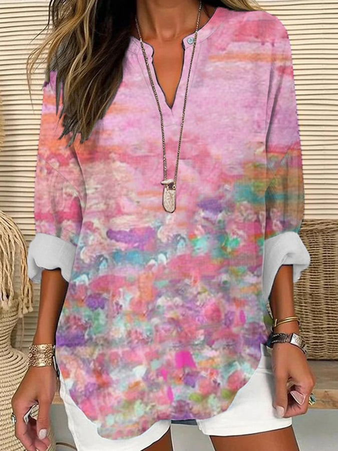 Women's Breast Cancer Awareness Print Casual Long Sleeve V-Neck Shirt