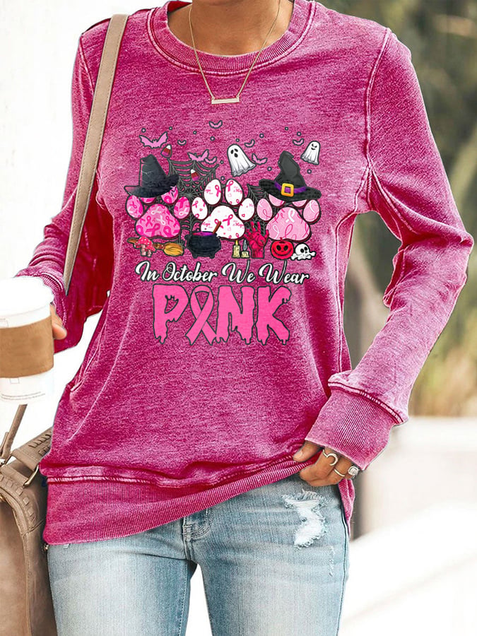 Women's In October We Wear Pink Breast Cancer Awareness Print Casual Sweatshirt