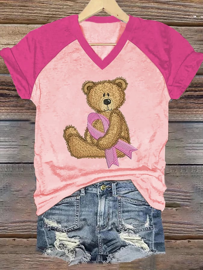 Women's Bear Breast Cancer Awareness Print Casual V-Neck T-Shirt