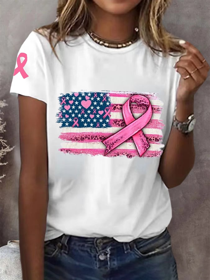 Women's Breast Cancer Flag Print T-Shirt