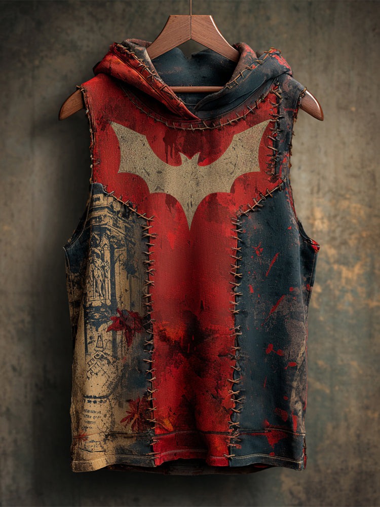Halloween Bat Vintage Patchwork Men's Hooded Tank