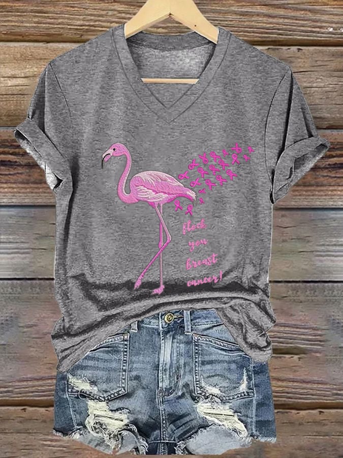 Women's Breast Cancer Flamingo Print casual T-shirt