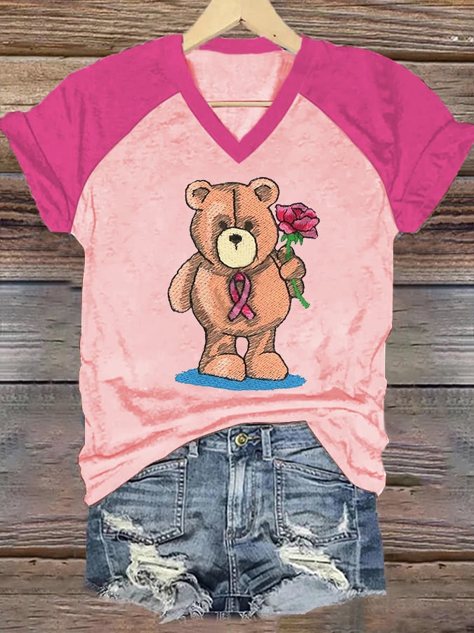 Women's Bear Breast Cancer Awareness Print Casual V-Neck T-Shirt