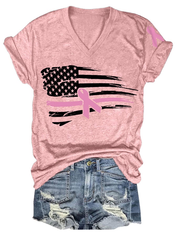 Women's Pink Ribbon American Flag Breast Cancer Awareness Warrior V-Neck Tee