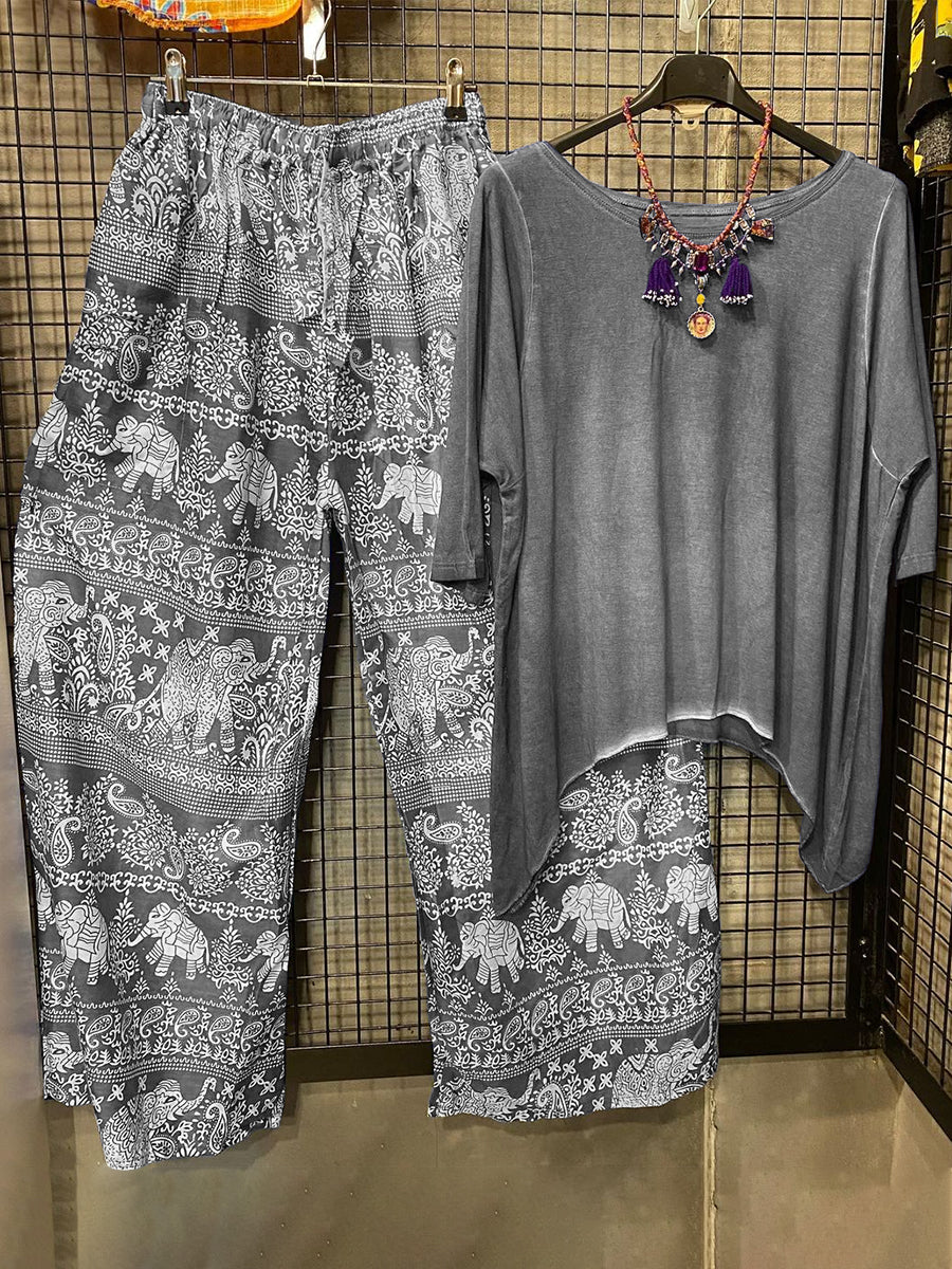 Short Sleeve Casual Top With Printed Pants Two-piece Set