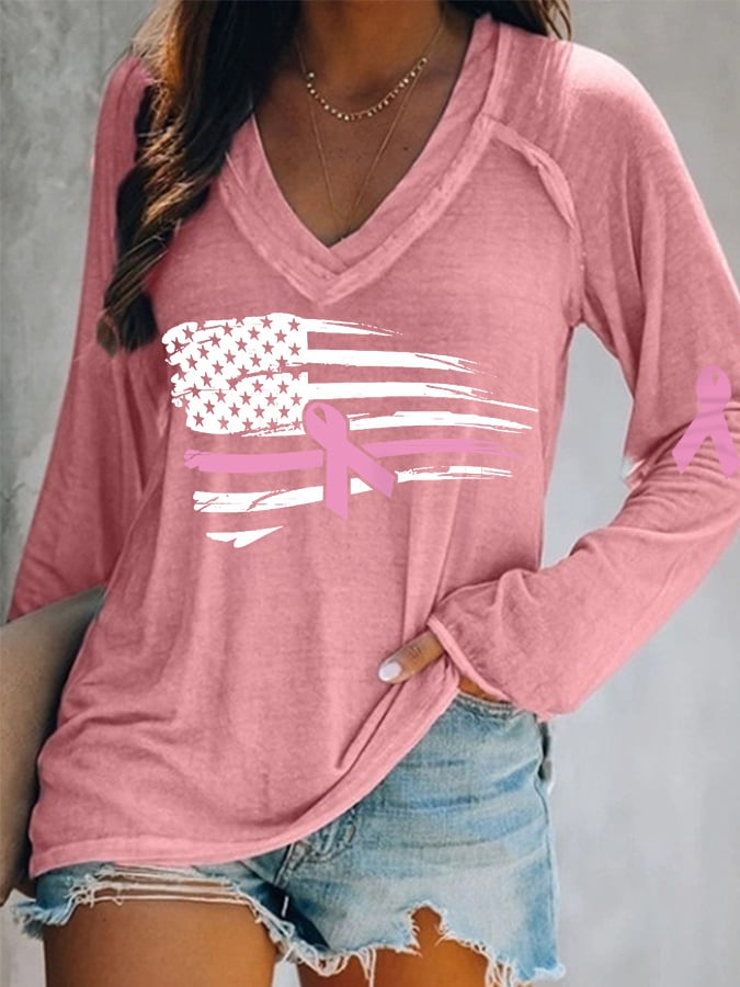Women's Pink Ribbon Breast Cancer Awareness American Flag Long-Sleeve Top