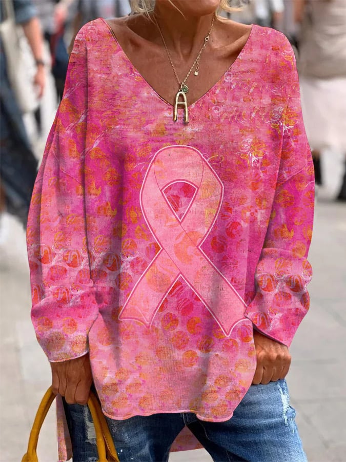Women's Breast Cancer Awareness Pink Ribbon Printed Casual V-Neck Top