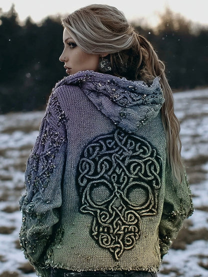 Vintage Celtic Skull Embroidered Gradient Cozy Hooded Sweater