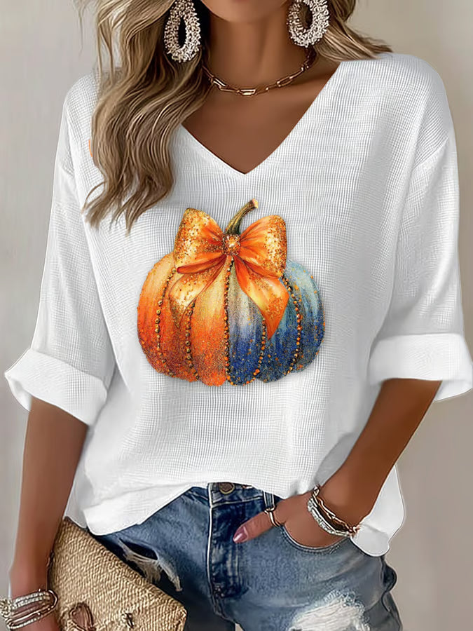 Women's Casual Orange Pumpkin Print Waffle Long-Sleeved T-Shirt