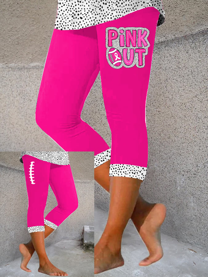 Women's Pink Out Football Breast Cancer Printed Cropped Yoga Leggings