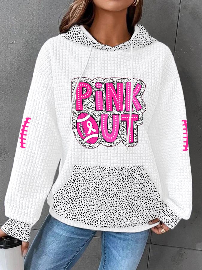 Women's Pink Out Football Breast Cancer Print Waffle Hooded Sweatshirt