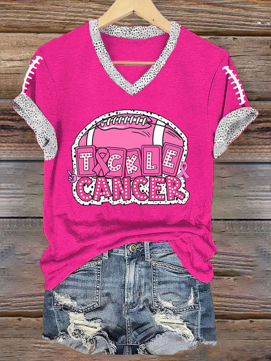 Women's Tackle Breast Cancer Football Printed V-Neck T-Shirt