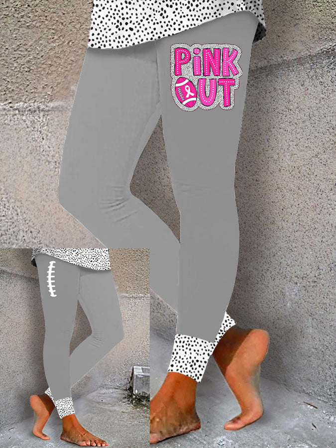 Women's Pink Out Football Breast Cancer Printed Yoga Leggings