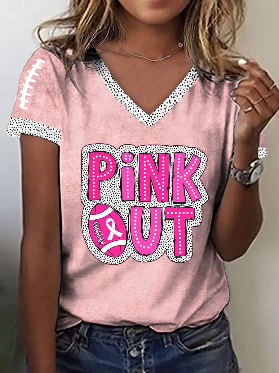 Women's Pink Out Football Breast Cancer Print T-Shirt