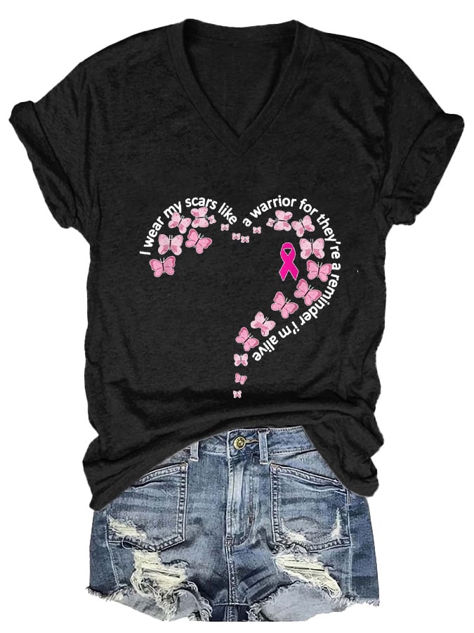 Women'S I Wear My Scars Heart Breast Cancer Awareness Printed Casual T-Shirt