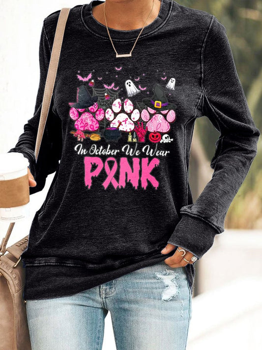 Women's In October We Wear Pink Breast Cancer Awareness Print Casual Sweatshirt