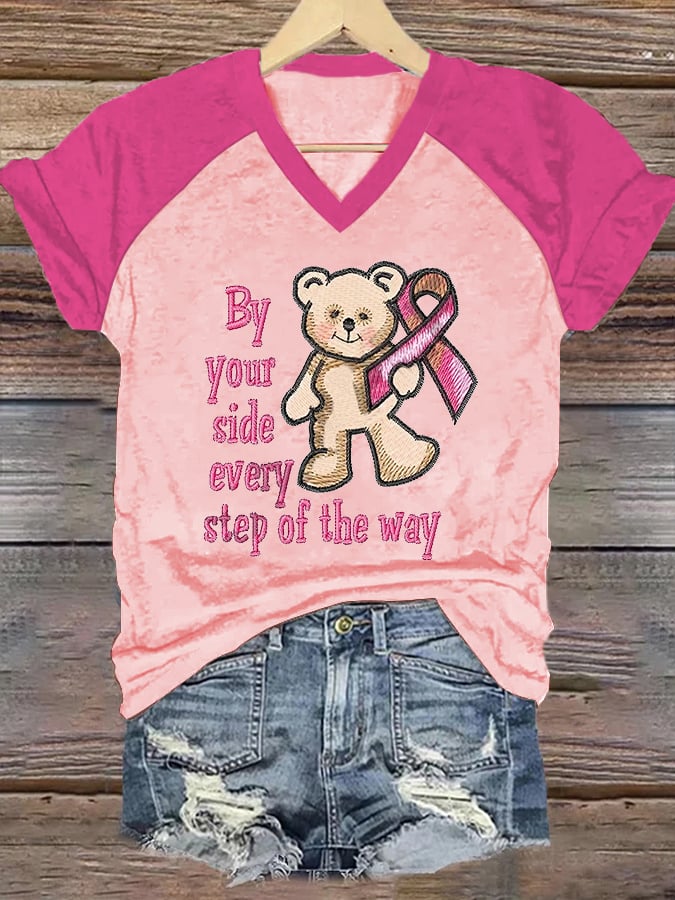 Women's By Your Side Every Step Of The Way Breast Cancer Awareness Print Casual V-Neck T-Shirt