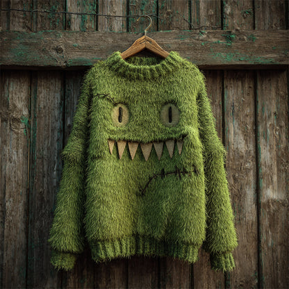 Halloween Fuzzy Monster Inspired Stitched Cozy Knit Sweater