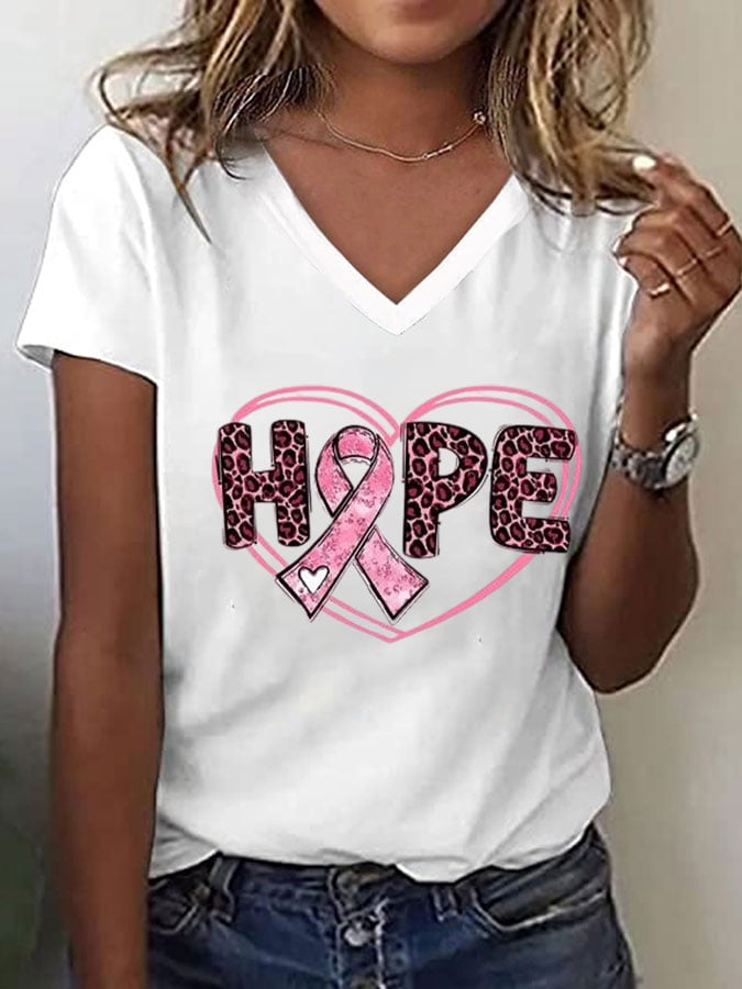 Women's Breast Cancer Awareness Hope Print V-Neck Tee