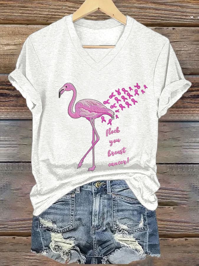 Women's Breast Cancer Flamingo Print casual T-shirt