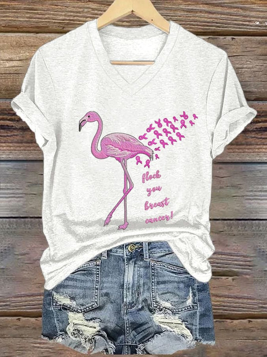 Women's Breast Cancer Flamingo Print casual T-shirt