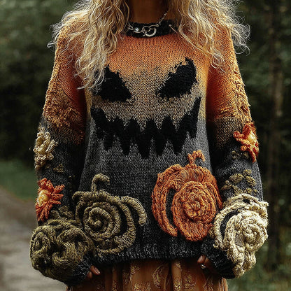 Halloween Pumpkin Evil Face Art Cozy Knit Sweater