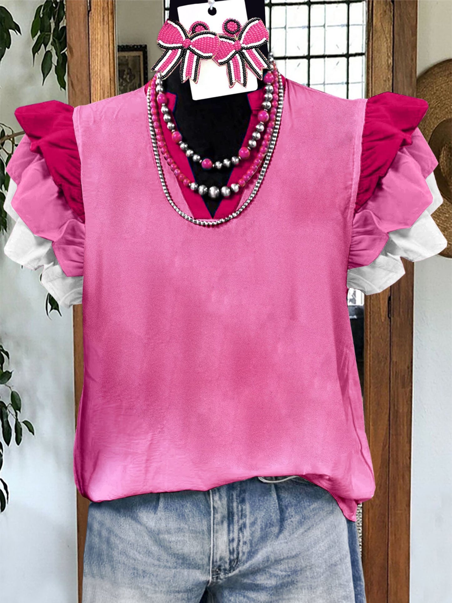 Women'S Pink Butterfly Sleeve Top