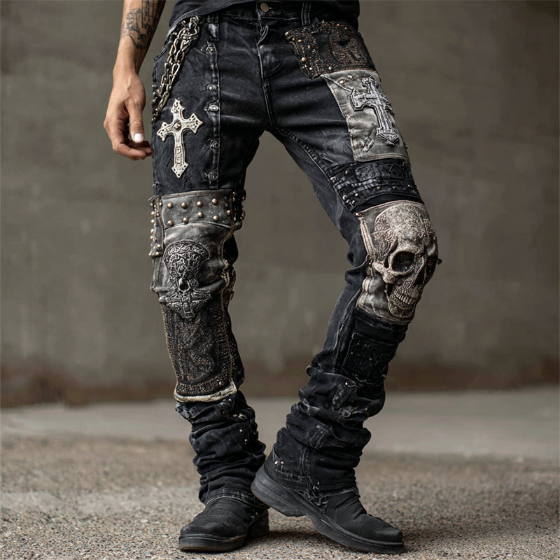 Men's Rock Skull & Cross Patchwork Studded Washed Jeans