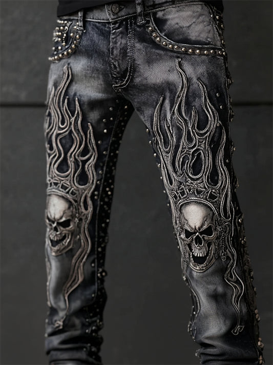 Men's Skulls & Flame Contrast Rock Studded Washed Jeans