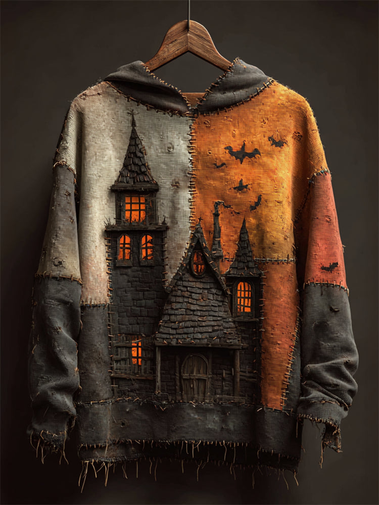 Halloween Spooky Castle Colorblock Patchwork Washed Hoodie