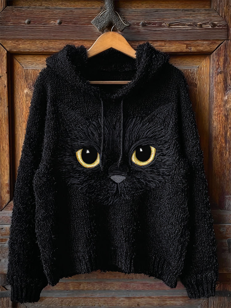 Lovely Black Cat Face Fuzzy Cozy Knit Hooded Sweater