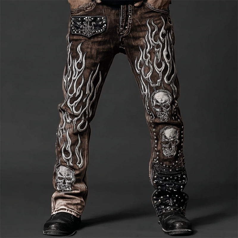 Men's Skulls On Flame Rock Studded Washed Jeans