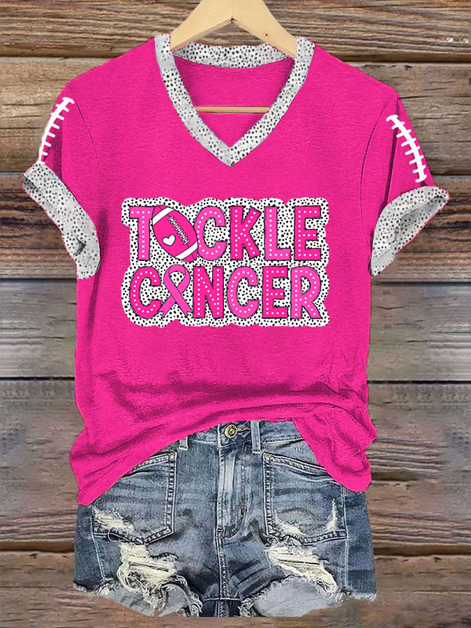 Women's Tackle Breast Cancer Football Printed V-Neck T-Shirt