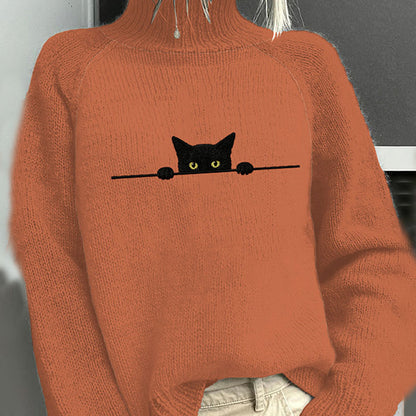 Women's Casual Funny Black Cat Print High Neck Sweater