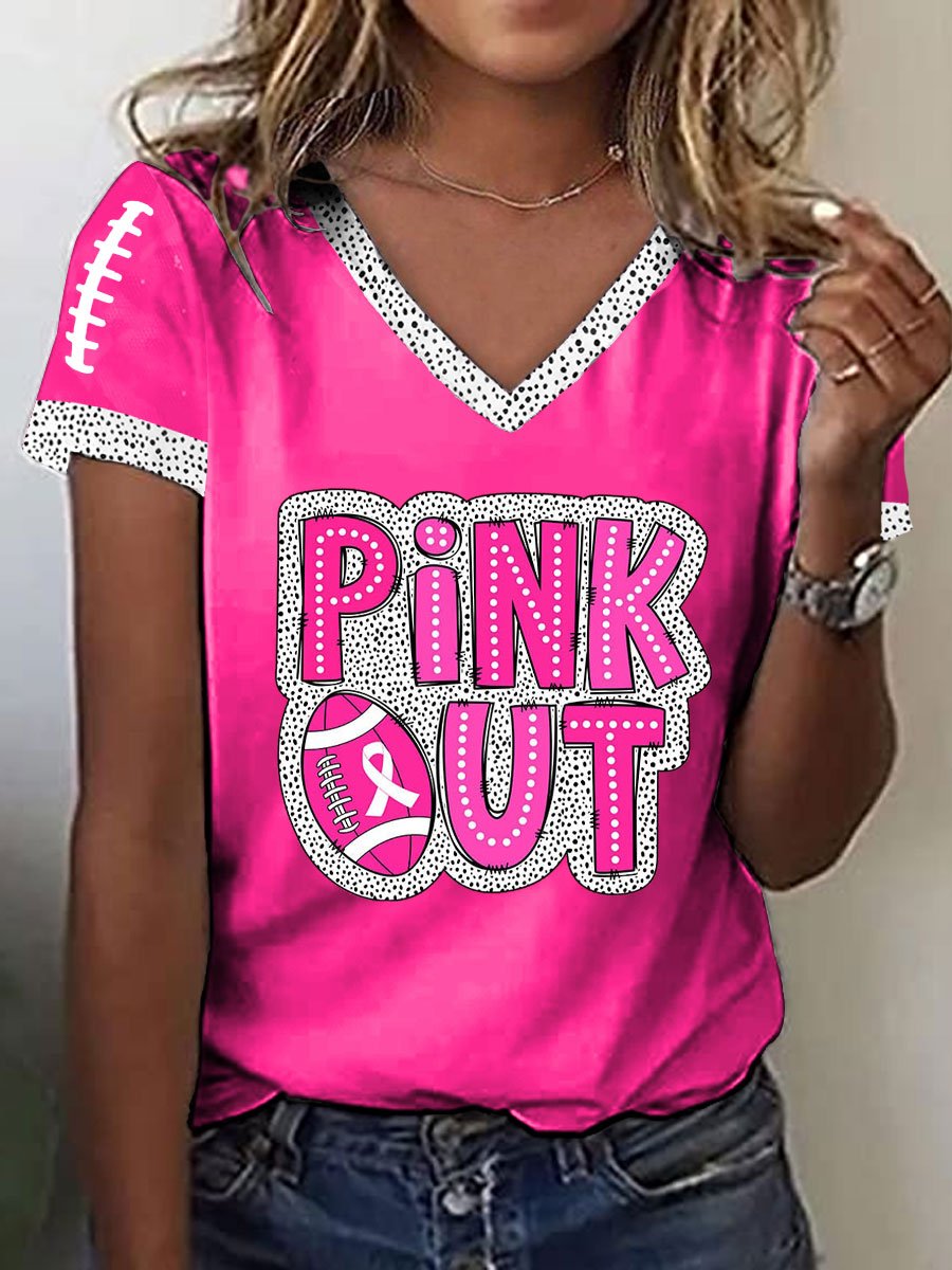 Women's Pink Out Football Breast Cancer Print T-Shirt