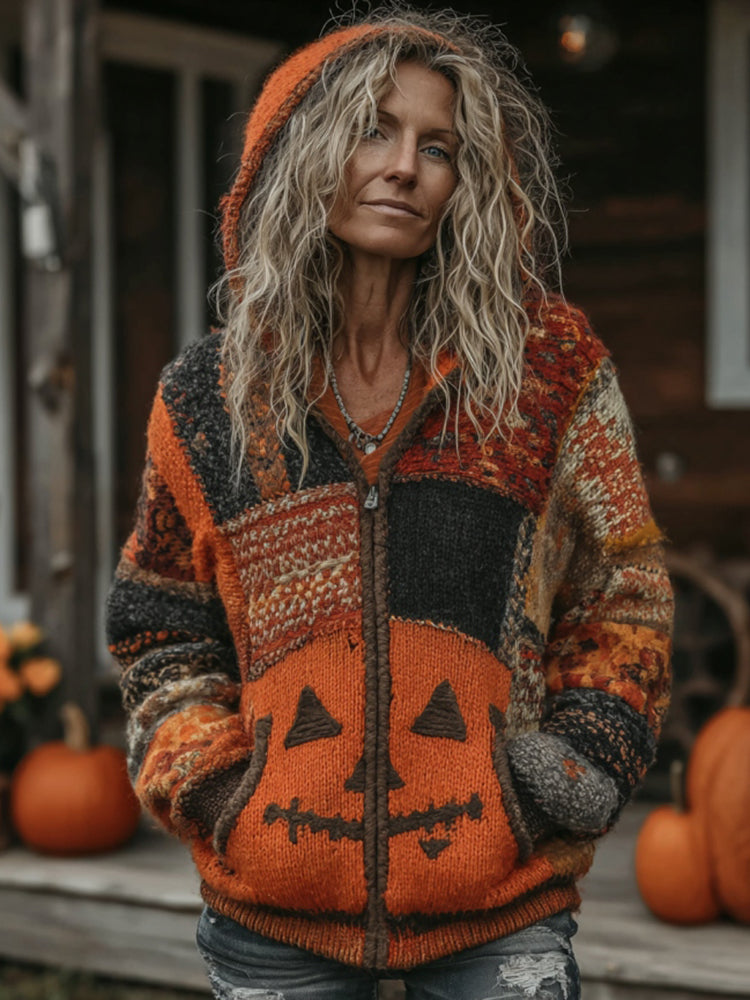 Halloween Pumpkin Face Patchwork Art  Cozy Knit Hooded Cardigan