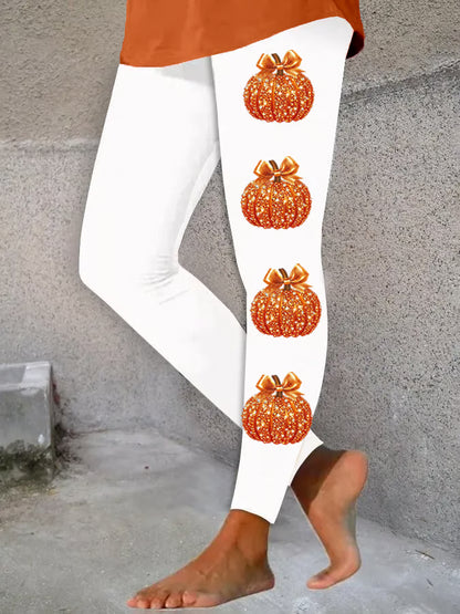Women's Autumn Sequin Pumpkin Print Skinny High-Stretch Leggings
