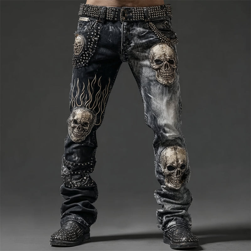 Men's Skulls Contrast Bleached Rock Studded Washed Jeans